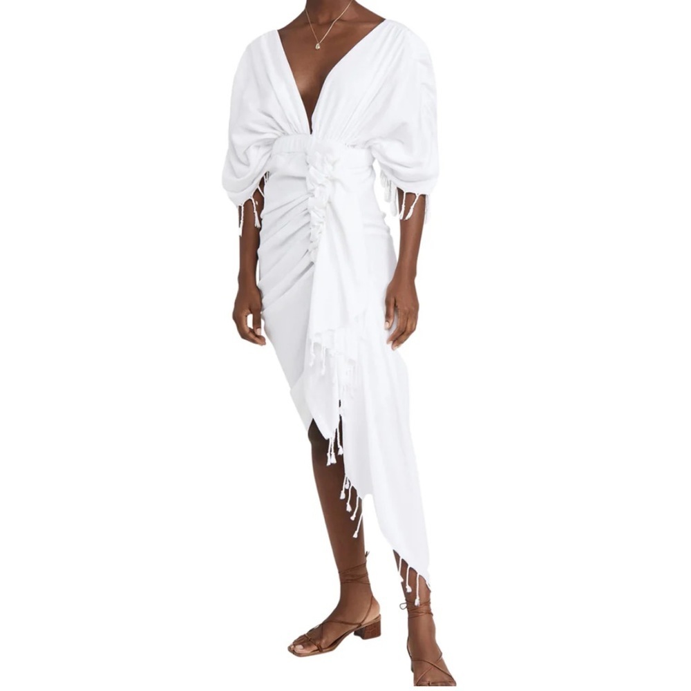 New just be queen LUMA DRESS white linen fringe NWT SZ S